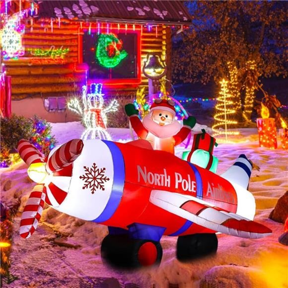 8 Ft Christmas Inflatables, Blow Up Santa Claus Flying Polar Airplane with Gift - Picture 6 of 6